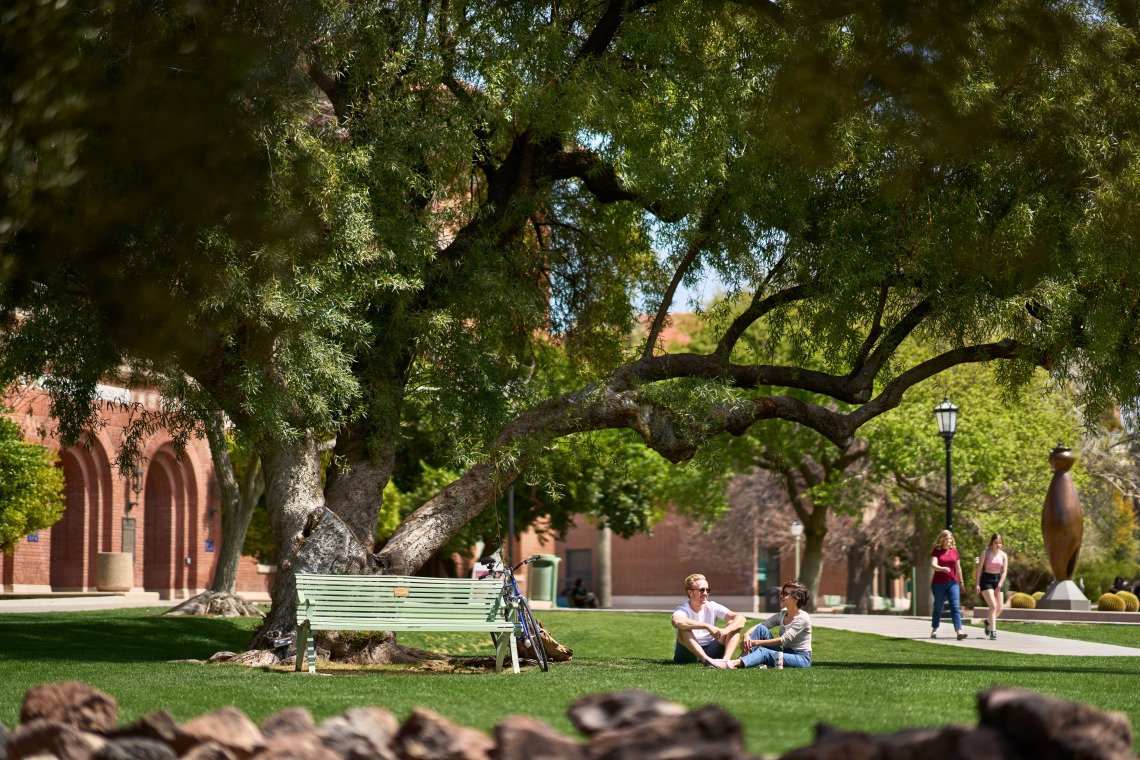 Students sit on the lawn outside of the Arizona State Museum. 