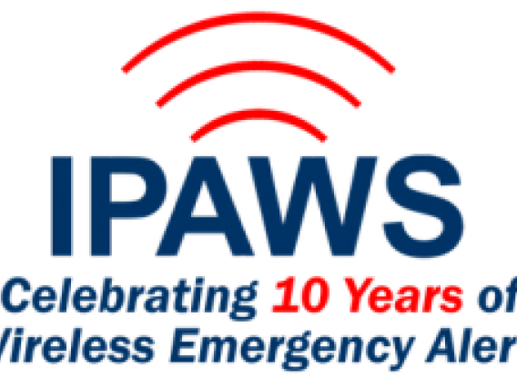 red and blue graphic that reads "ipaws, celebrating 10 years of wireless emergency alerts"