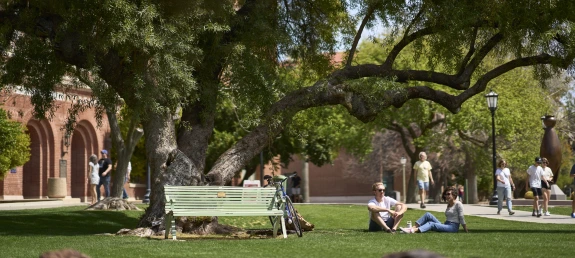 Students relax outside Arizona State Museum