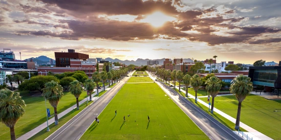 Drone shot looking west of the green lawn of the UA Mall.