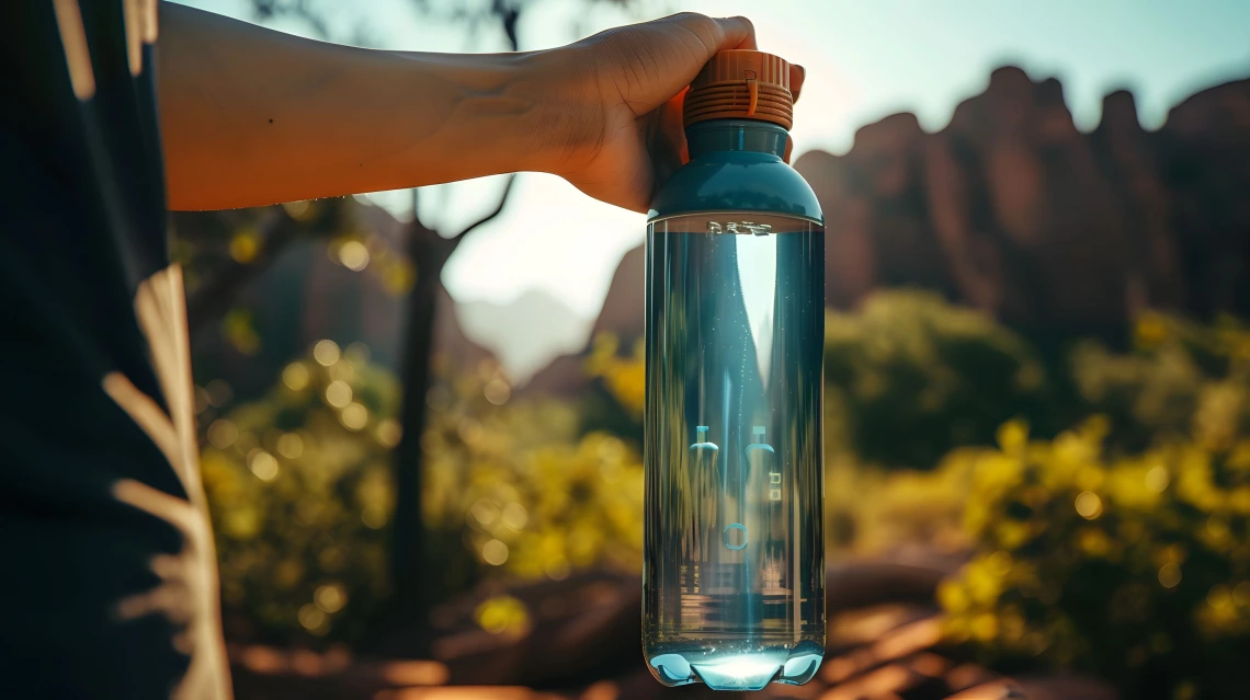 person holding water bottle in nature.