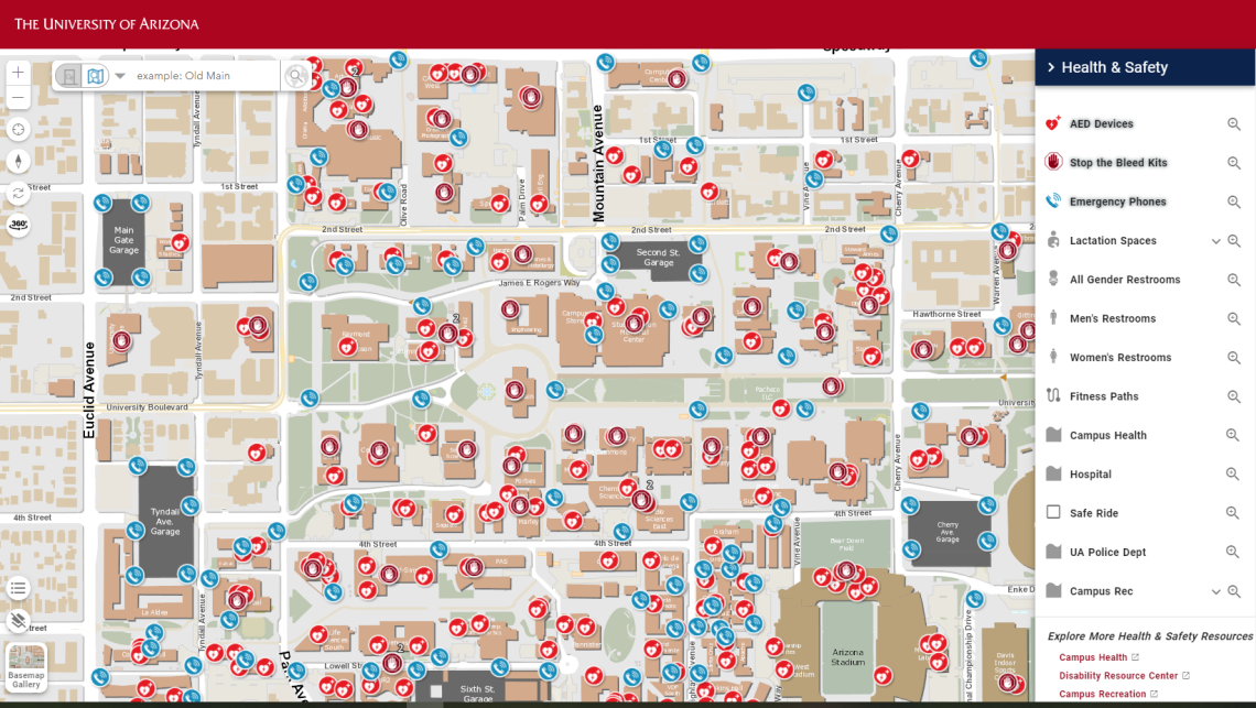 Screenshot of the interactive campus map showing locations of AEDs, emergency phones and  stop the bleed kits.