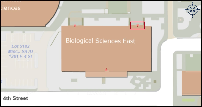 map image with identified entrance for Bio East building 