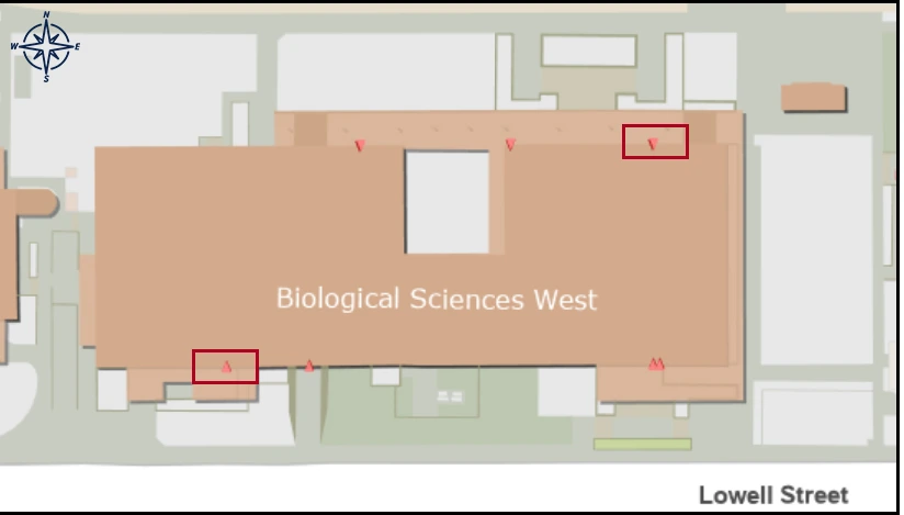 map image with identified entrance for Bio West building
