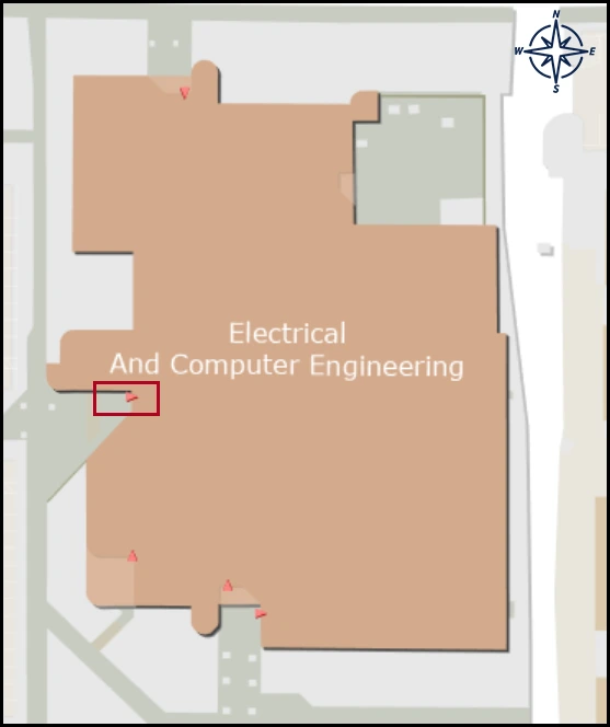 map image with identified entrance for Electrical and Computer Engineering building 
