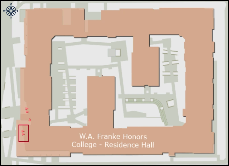 map image with identified entrance for Honors builiding
