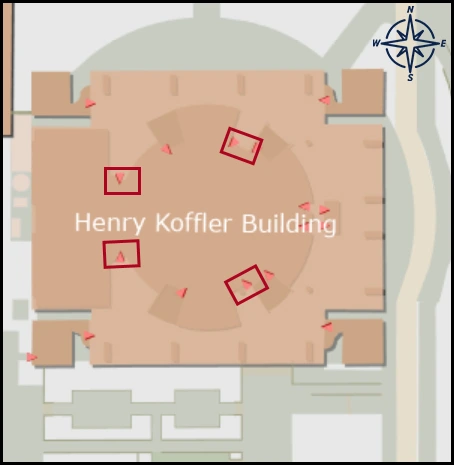map image with identified entrances for Henry Koffler building