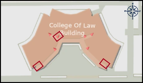 map image with identified entrance for College of Law building 