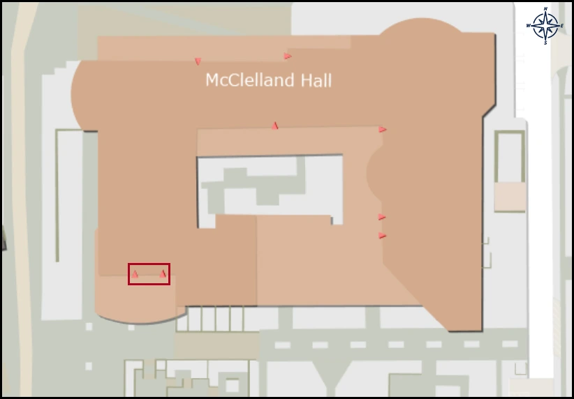 map image with identified entrance for McCellend Hall 