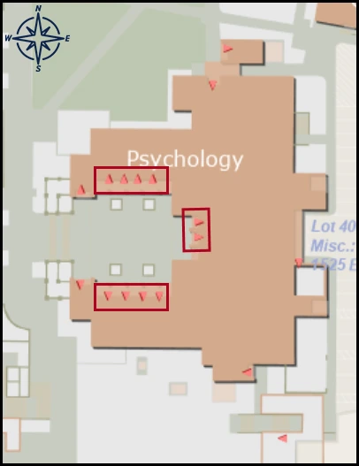 map image with identified entrances for Psychology building 