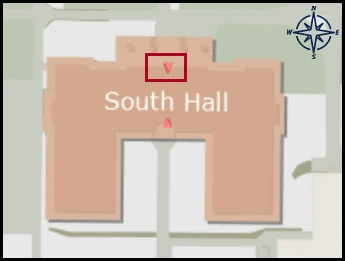 map image with identified entrance for South Hall building 