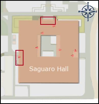 map image with identified entrance for Saguaro Hall 